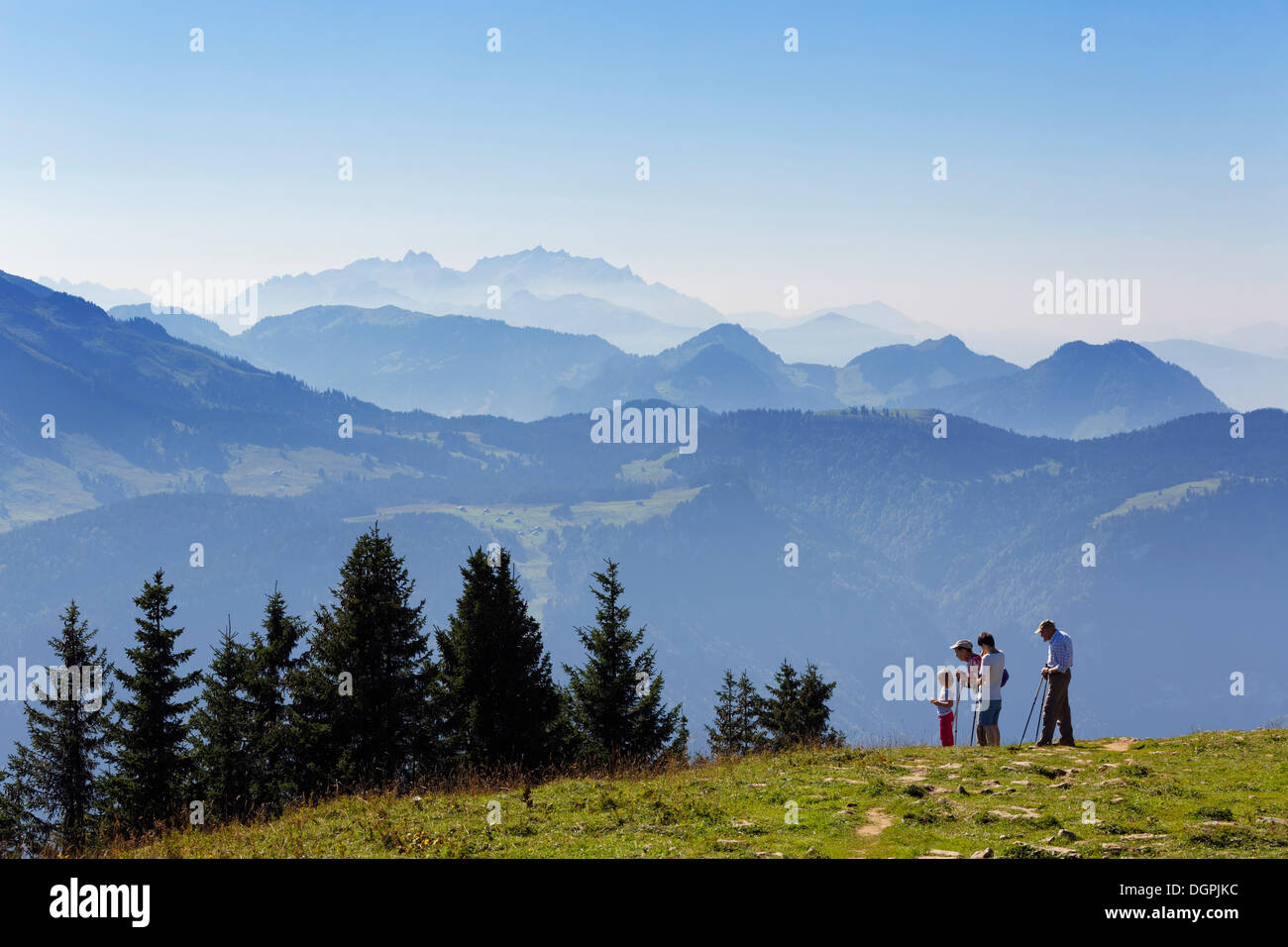 View from Mount Vordere Niedere, Andelsbuch, at back the Alpstein massif in the Appenzell Alps, Switzerland, Berg Niedere Stock Photo