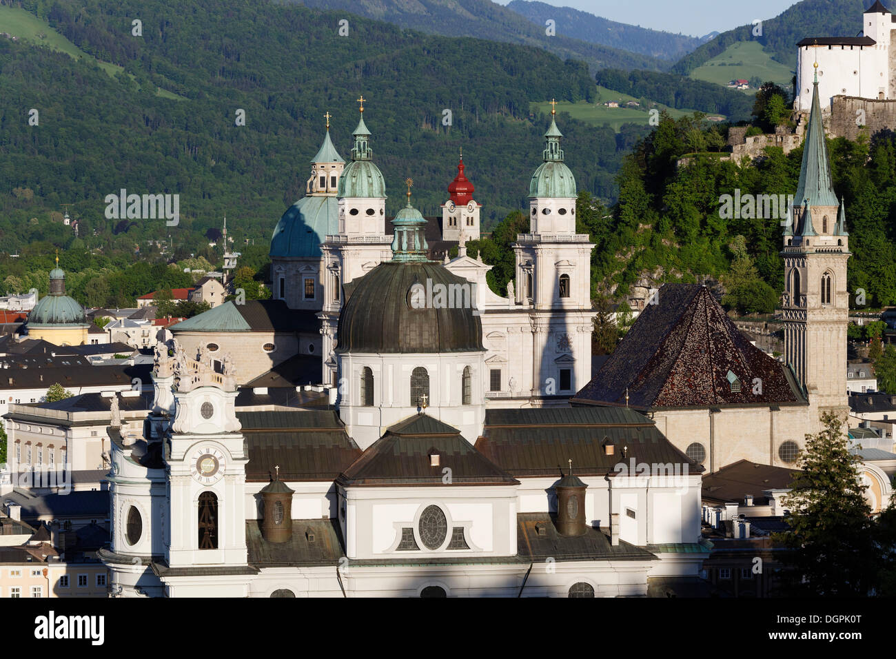 Collegiate Church, Cathedral, St. Francis Church, historic town centre, view from Moenchsberg mountain, Salzburg, Salzburg State Stock Photo