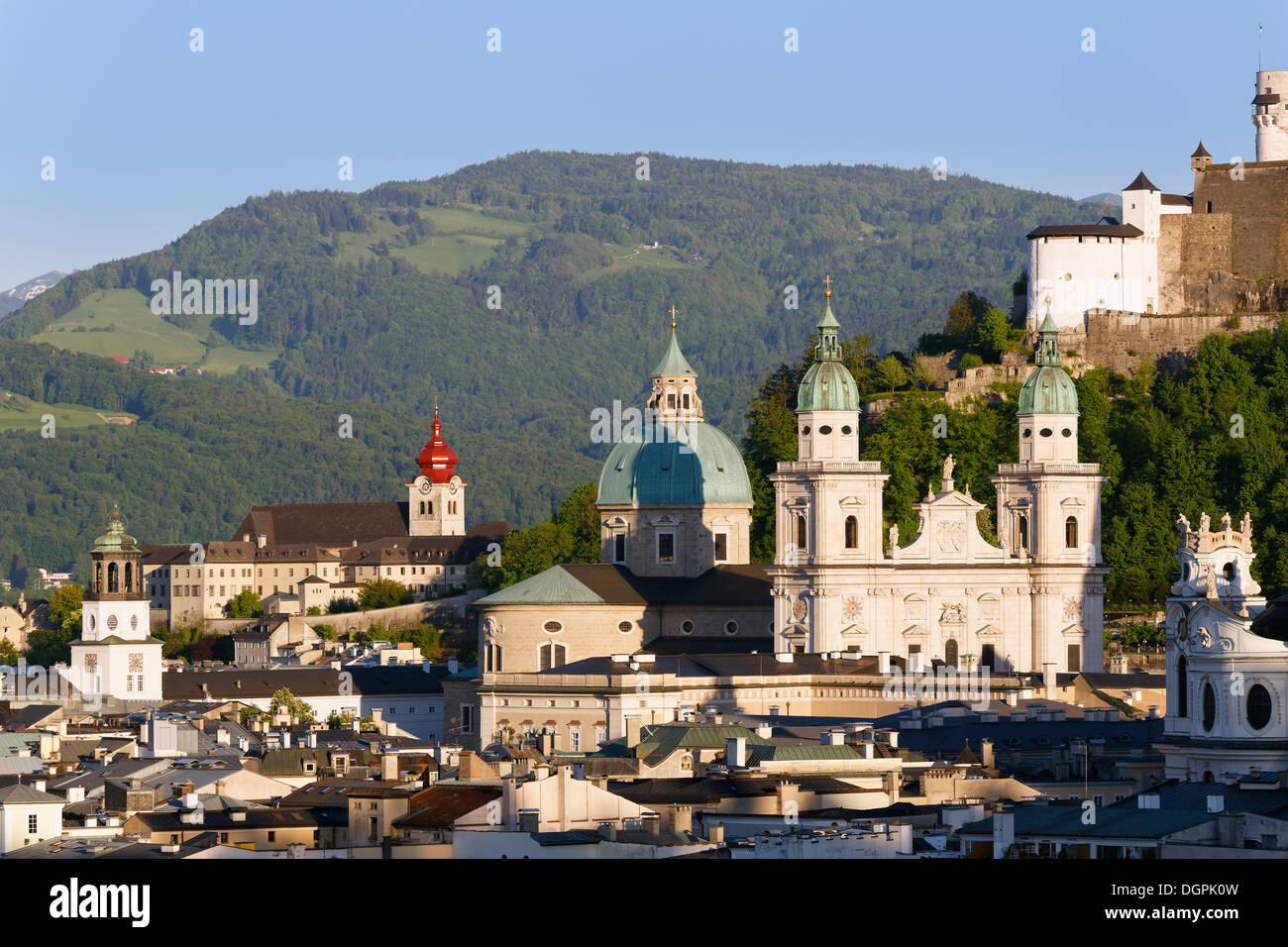 Links Glockenspiel, Nonnberg Abbey, Cathedral, historic town centre, view from Moenchsberg Mountain, Salzburg, Salzburg State Stock Photo