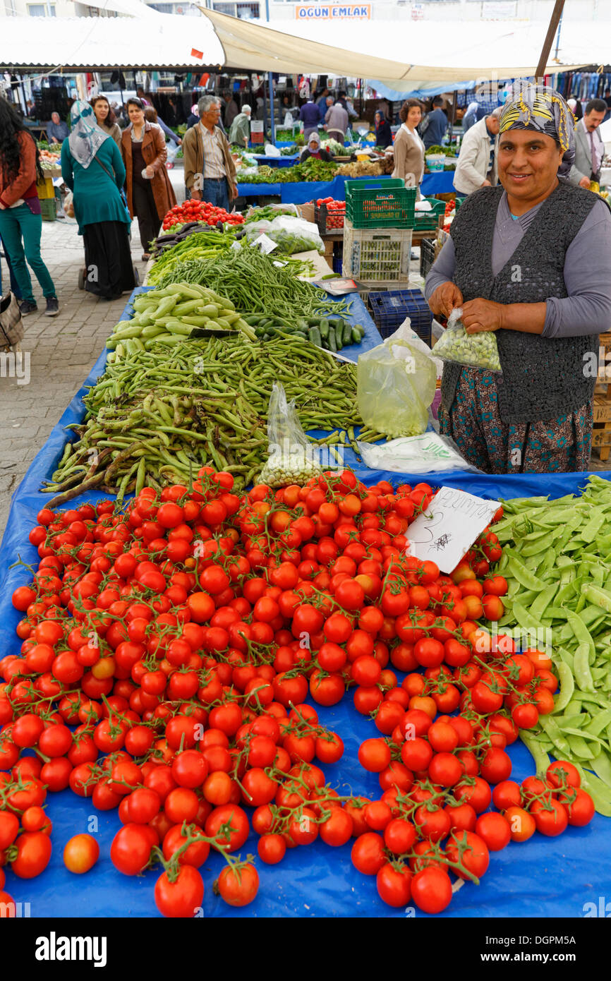 Vegetable stand, weekly farmer's market, Muğla, Muğla Province, Aegean region, Turkey Stock Photo