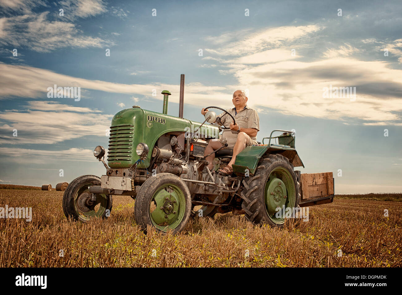 Man driving a Steyrer tractor, 15km/h Stock Photo