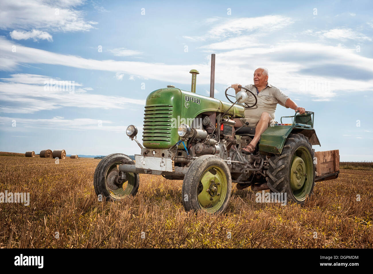 Man driving a Steyrer tractor, 15km/h Stock Photo