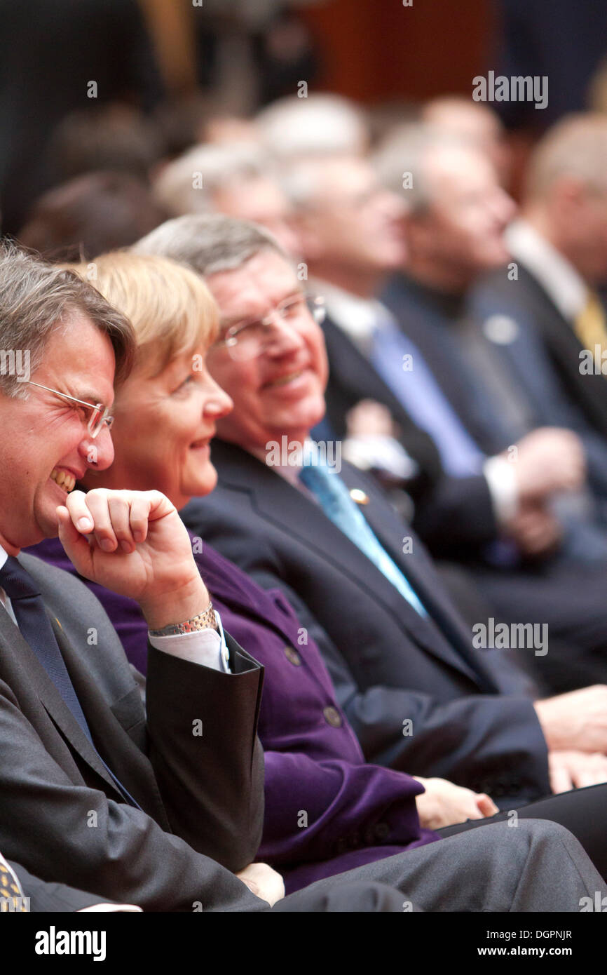 Uwe Froehlich, President of the Federal Association of German Cooperative Banks, BVR, Angela Merkel, German Federal Chancellor, Stock Photo