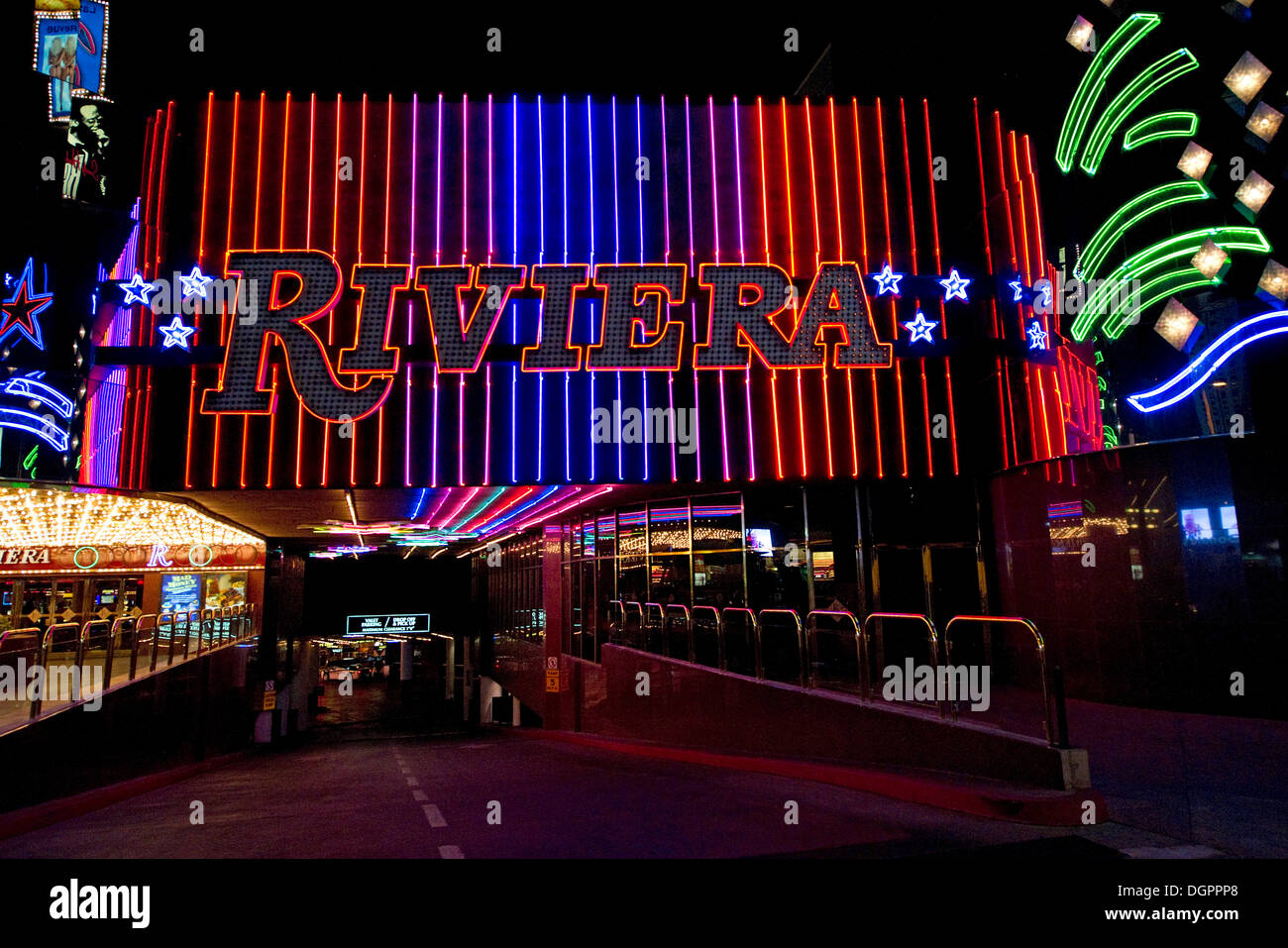 Brightly Colored Promotional Facade Of Riviera Hotel And Casino In Las Vegas.  Stock Photo, Picture and Royalty Free Image. Image 77869346.