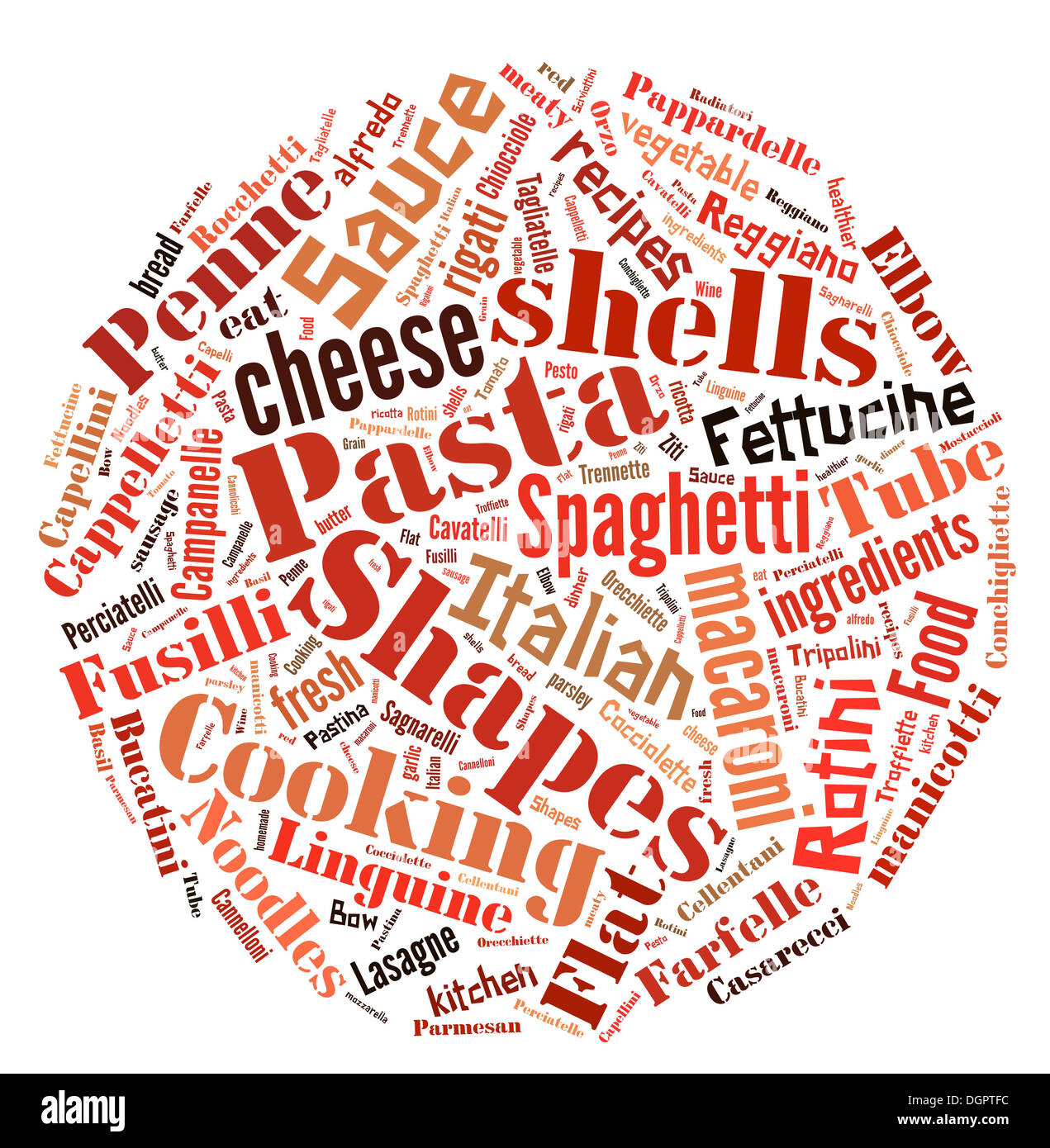 Pasta Word Cloud describing all types of pasta and sauces Stock Photo