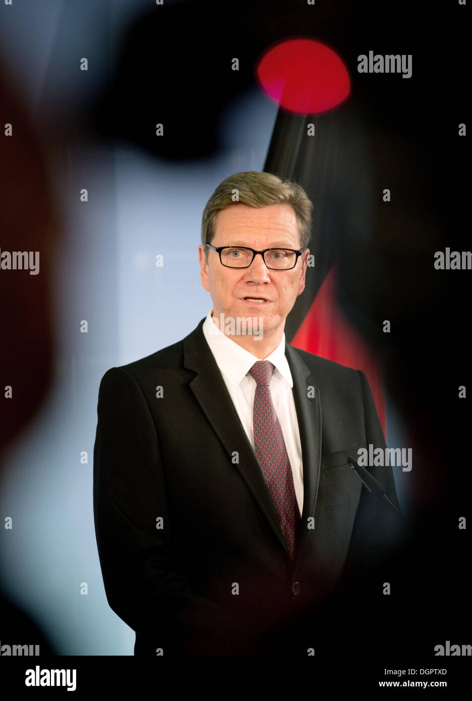Berlin, Germany. 24th Oct, 2013. The acting German Foreign Minister Guido Westerwelle (FDP) speaks after his meeting with the US embassador in Germany in the foreign ministry in Berlin, Germany, 24 October 2013. Westerwelle had invited the US embassador on account of the affair around the possible surveillance of Chancellor Merkel's mobile phone. Photo: Kay Nietfeld/dpa/Alamy Live News Stock Photo