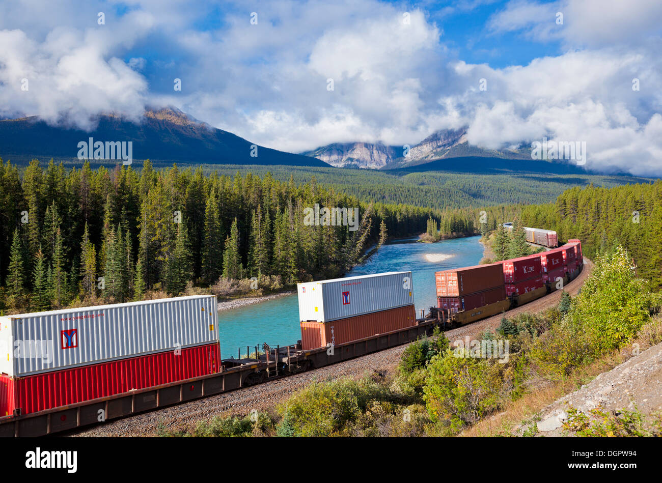 Canadian Pacific freight train travelling around Morant's Curve Bow Valley Parkway Banff National Park Rockies Alberta AB Canada Stock Photo