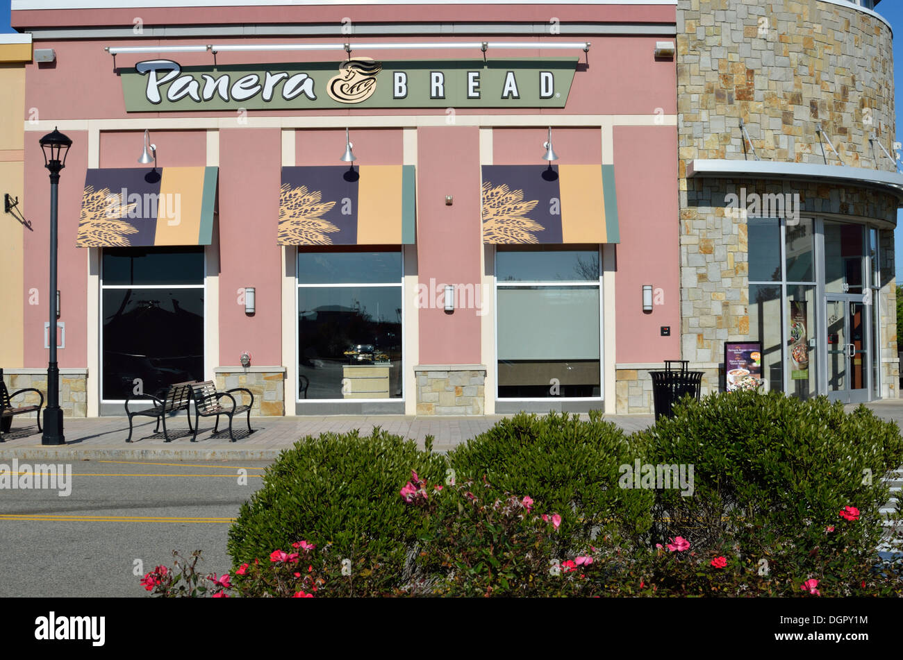 Exterior of Panera Bread chain restaurant Plymouth, Massachusetts USA. Stock Photo