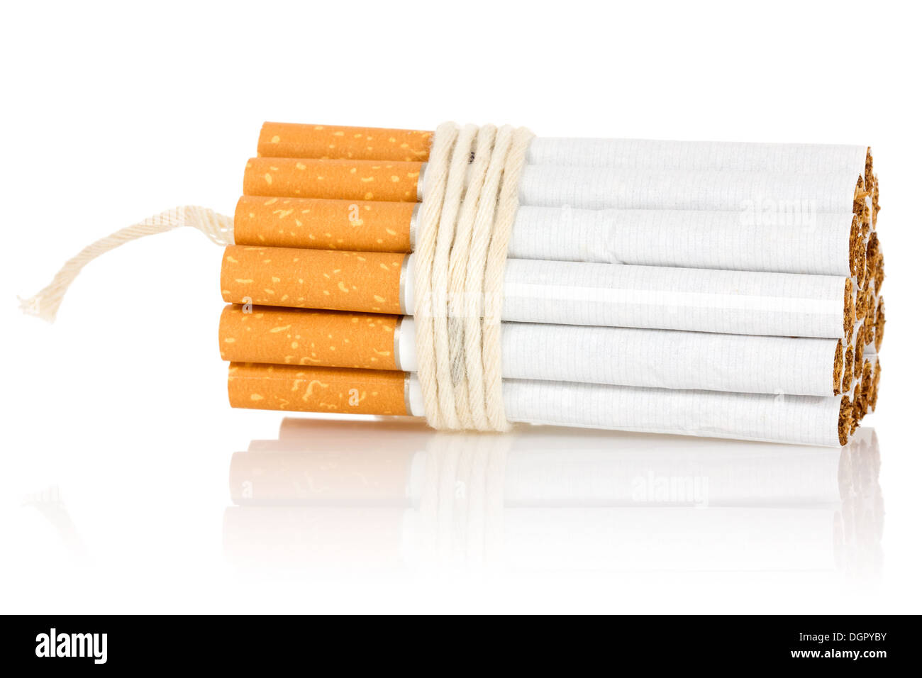 concept cigarettes Stop smoking concept. Cigarettes tied with rope and wick isolated on white  Stock Photo