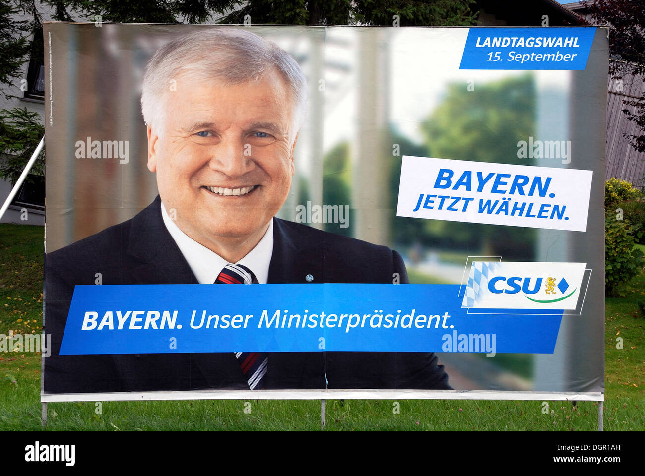 Poster advertising the CSU for the Bavarian Prime Minister Horst Seehofer for state elections in Bavaria on 15.09.2013. Stock Photo