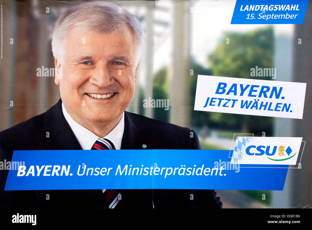 Poster advertising the CSU for the Bavarian Prime Minister Horst Seehofer for state elections in Bavaria on 15.09.2013. Stock Photo
