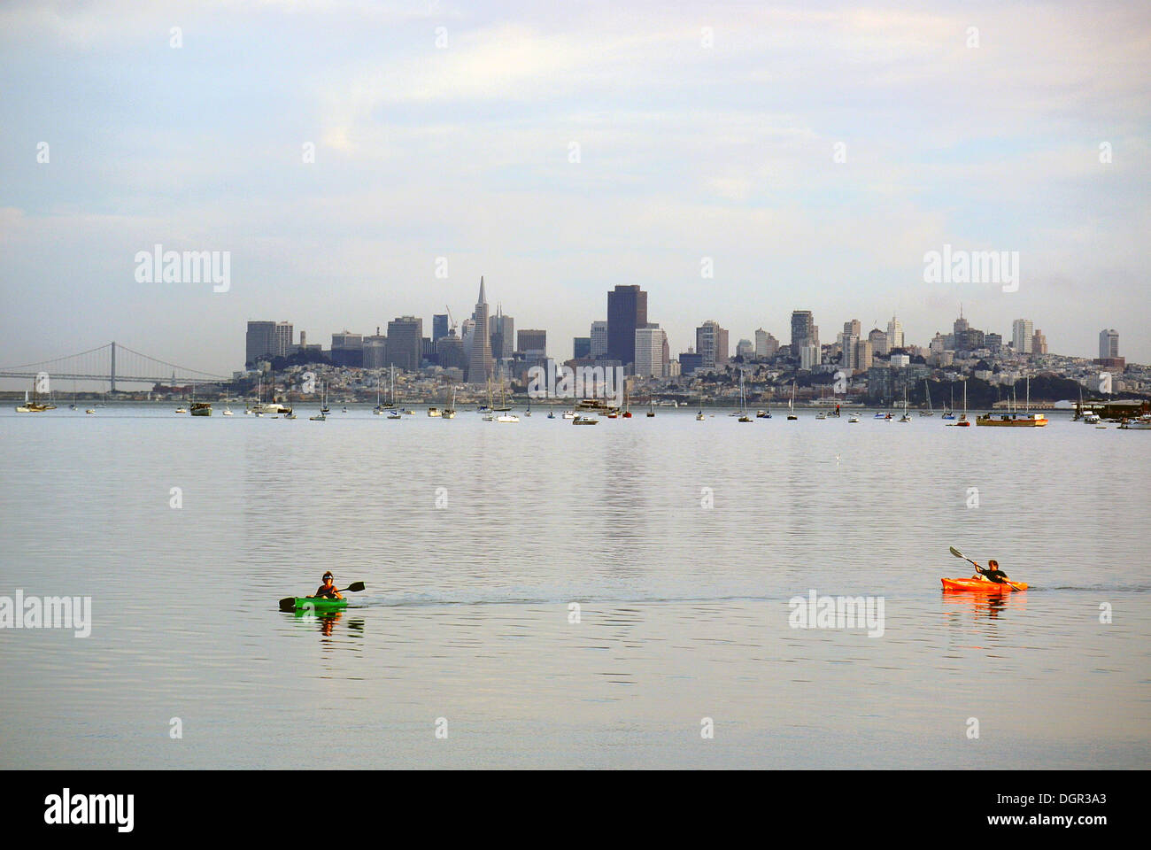 two kayakers paddle on San Francisco Bay in Marin County Stock Photo