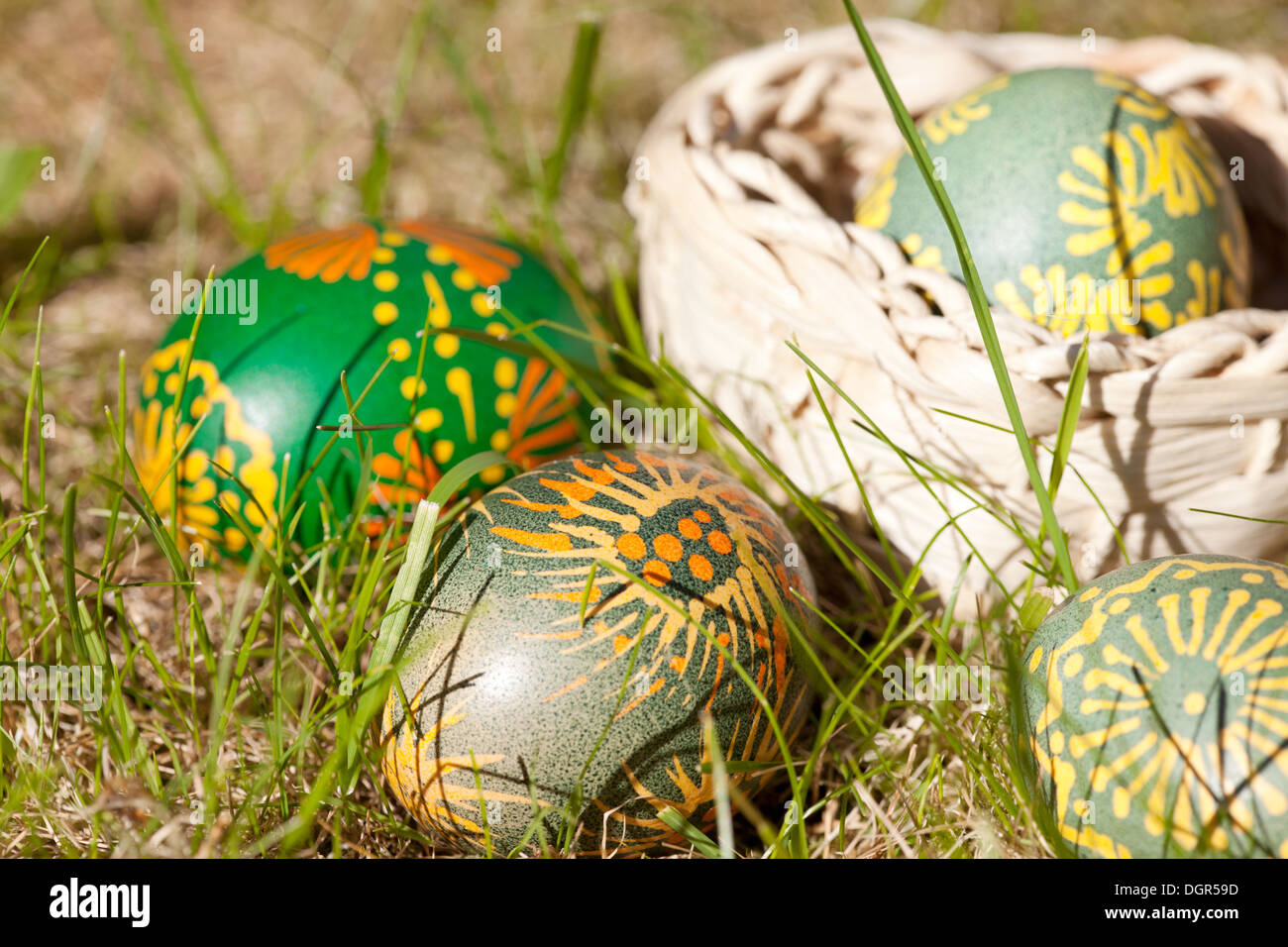 green easter eggs decorated with bee wax Stock Photo