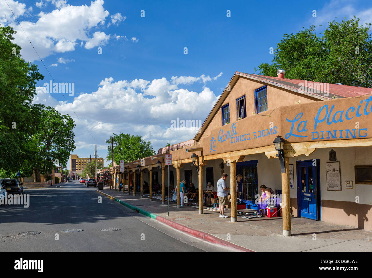 Restaurant, shops and street traders on Old Town Plaza, San Felipe Street, Old Town, Albuquerque, New Mexico, USA Stock Photo