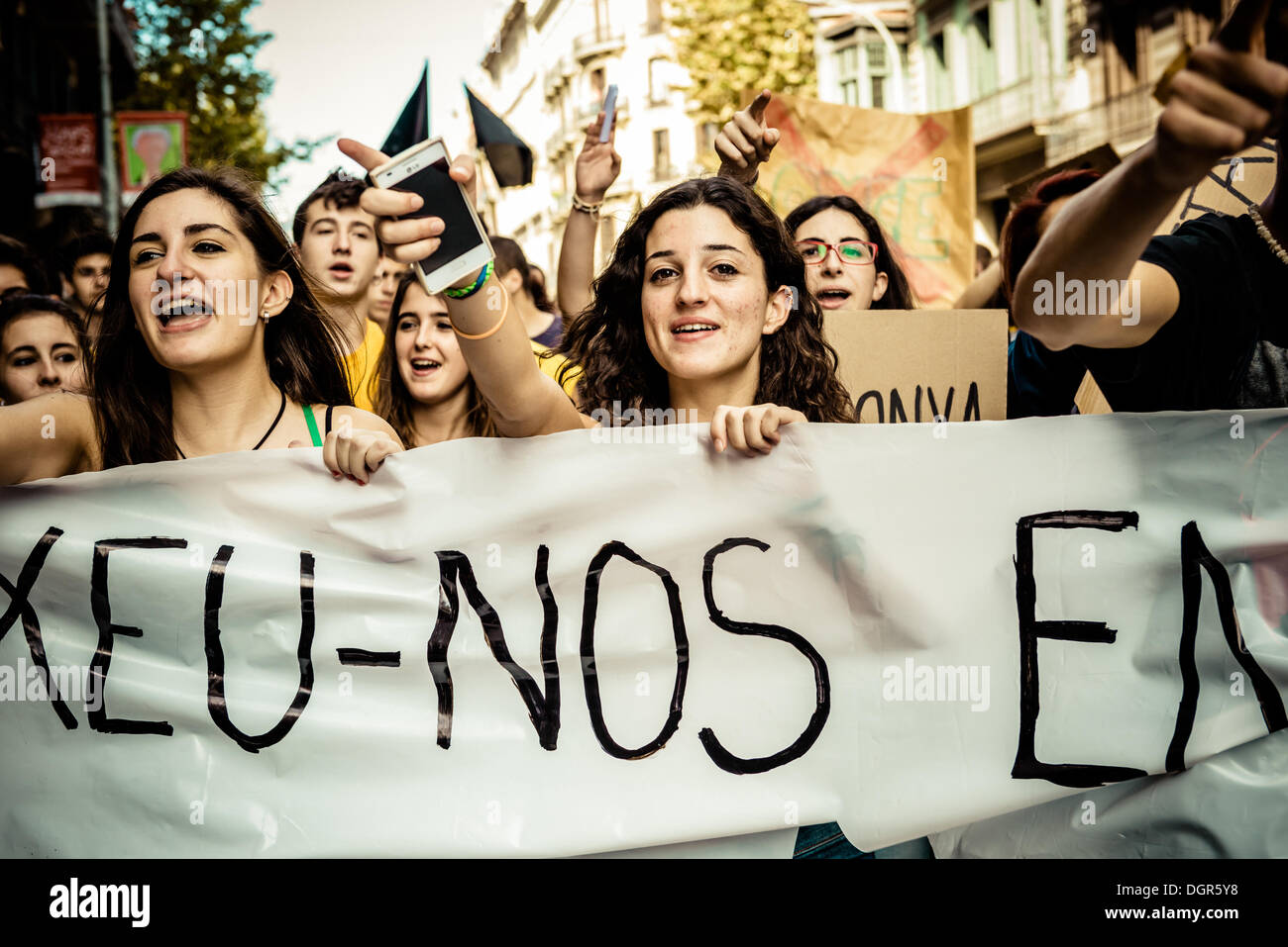 Barcelona, Spain. October 24th, 2013: Students protesting against austerity measures and the 'law Wert' during a three day long education strike in Barcelona. © matthi/Alamy Live News Stock Photo