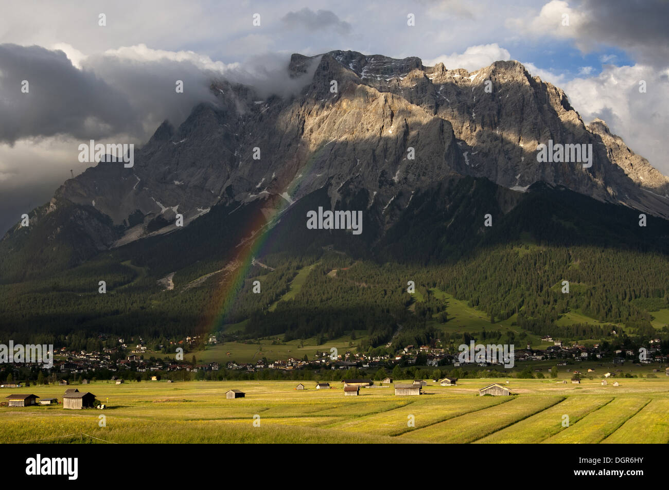 Rainbow at the Wetterstein Mountains, Austria Stock Photo