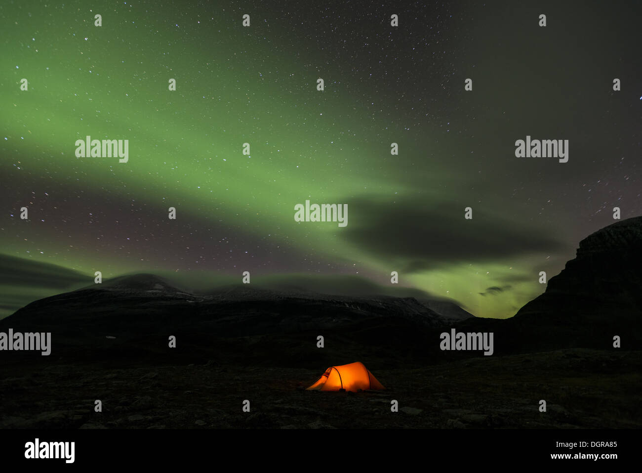 tent with northern lights , Lapland, Sweden Stock Photo