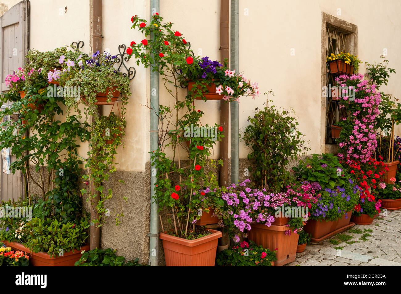 Floral Display in Pescocostanzo, Abruzzo, Italy Stock Photo