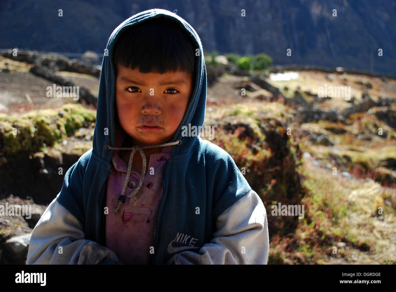 Indian boy, portrait, near Cusco, Andes mountain range, Peru, South America Stock Photo