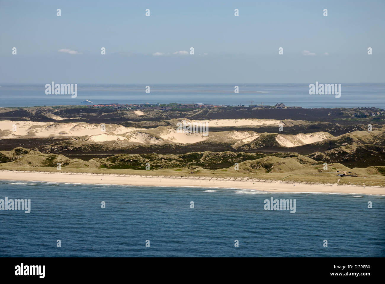Aerial view, view on the wandering dunes of the Listland area and the seaside resort List, Sylt island, Nationalpark Stock Photo