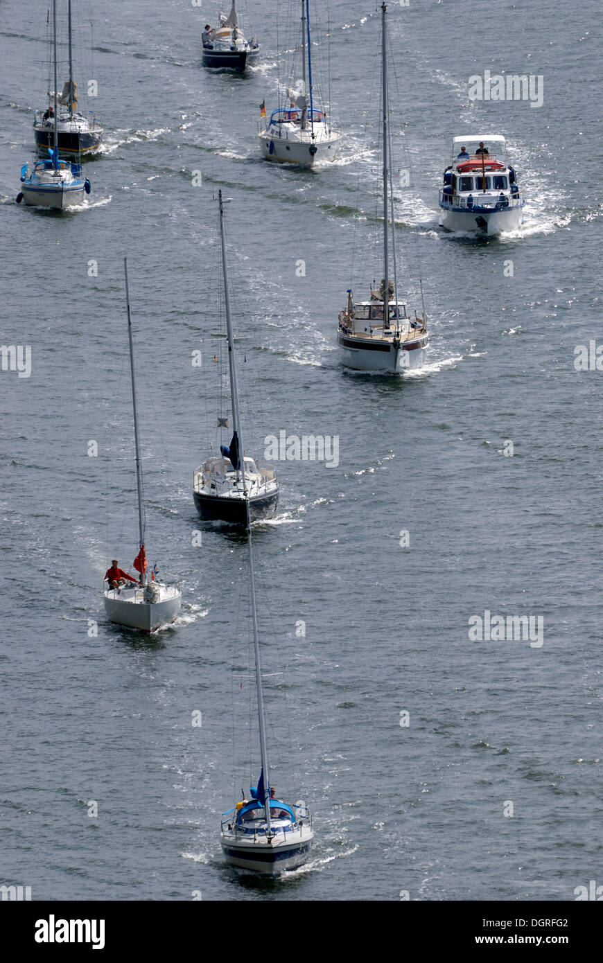 Sailing boats, pleasure craft traffic on Kiel Canal, Schleswig-Holstein Stock Photo