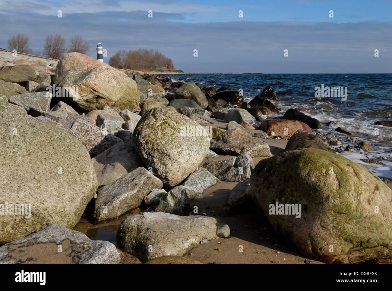 View over rock fill on the Kiel Fjord towards the Buelk Lighthouse, Schleswig-Holstein Stock Photo