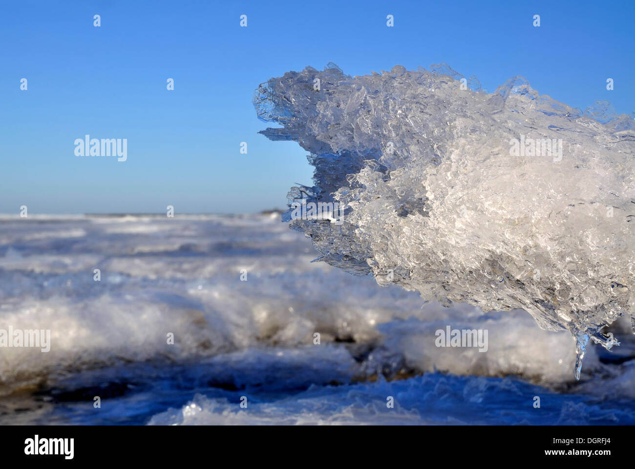 Sticking out ice tongue, frozen over shallow water area of the Baltic Sea off Stein, Probstei, Ploen district Stock Photo
