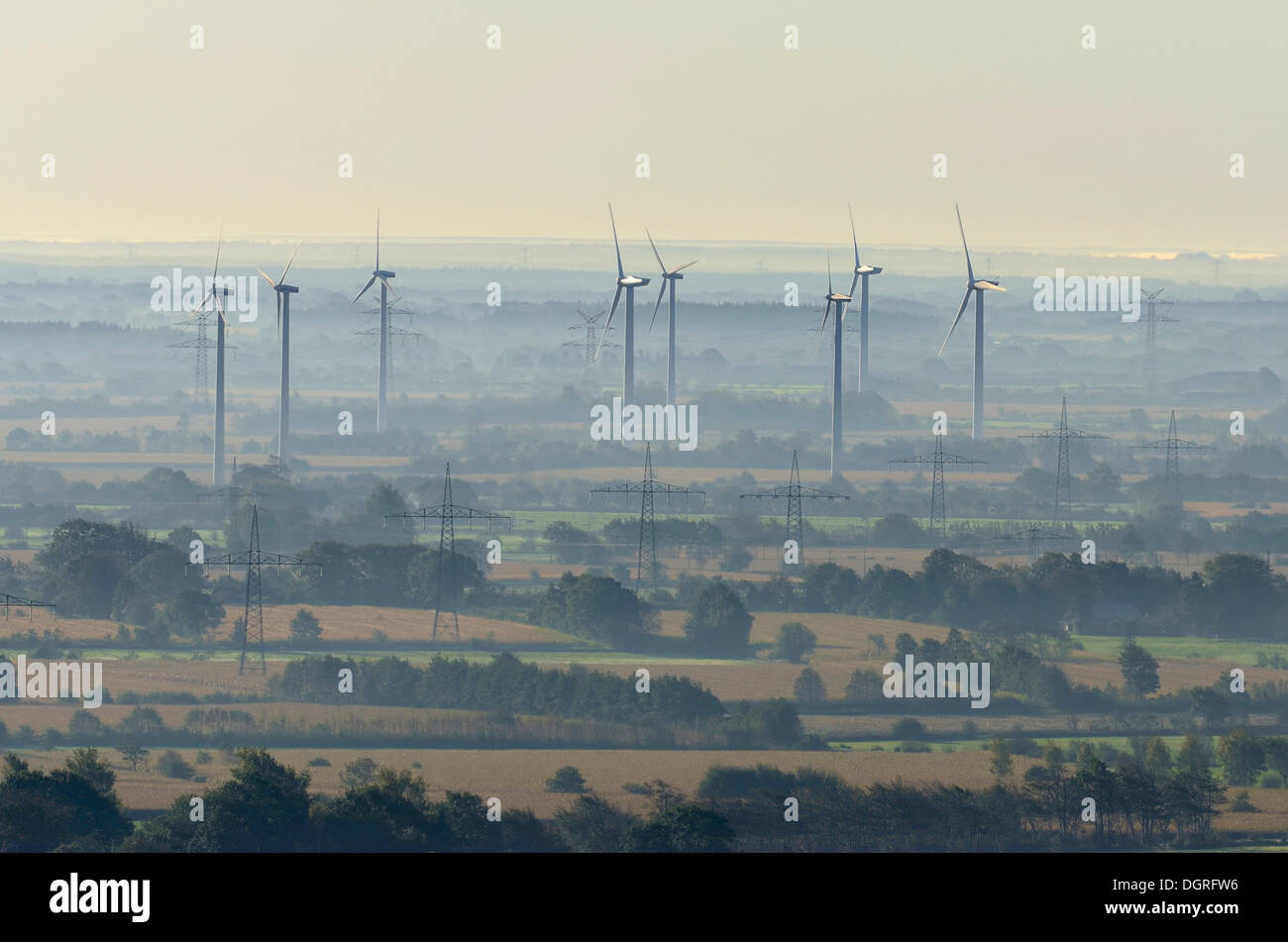 Aerial view, wind farm near Twedt at dawn, backlit, Schleswig-Holstein Stock Photo