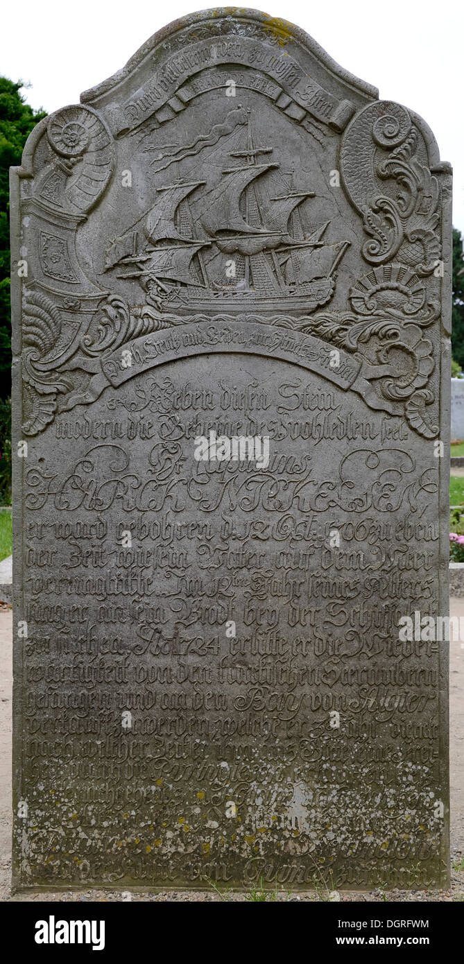 Talking tombstone, cemetery of the St. Clemens-Kirche in Nebel, Amrum Island, Nordfriesland, North Frisia, Schleswig-Holstein Stock Photo
