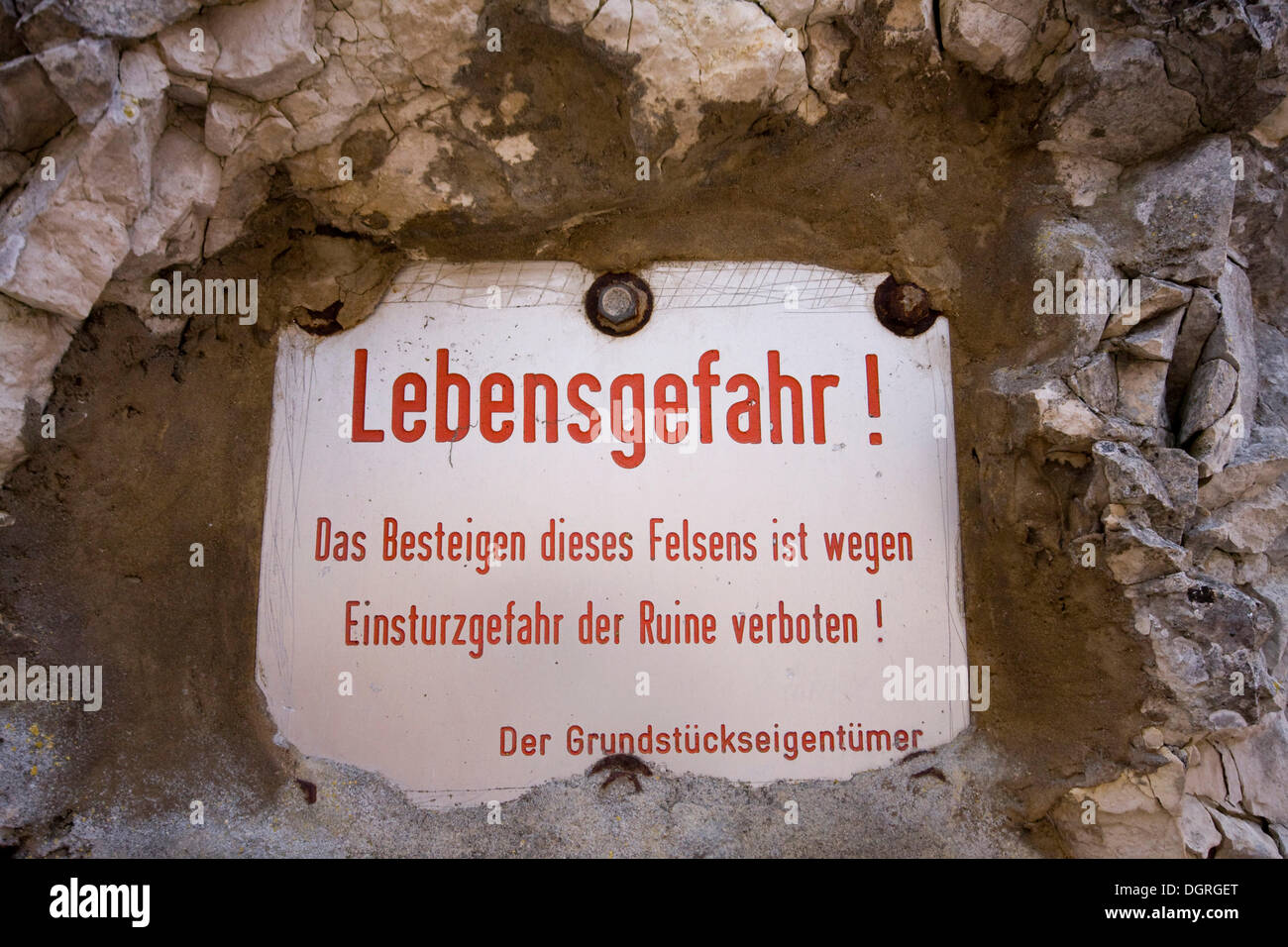 Lebensgefahr, German for danger to life, warning sign on the ruins of Gebrochen Gutenstein Castle, Upper Danube Valley Stock Photo