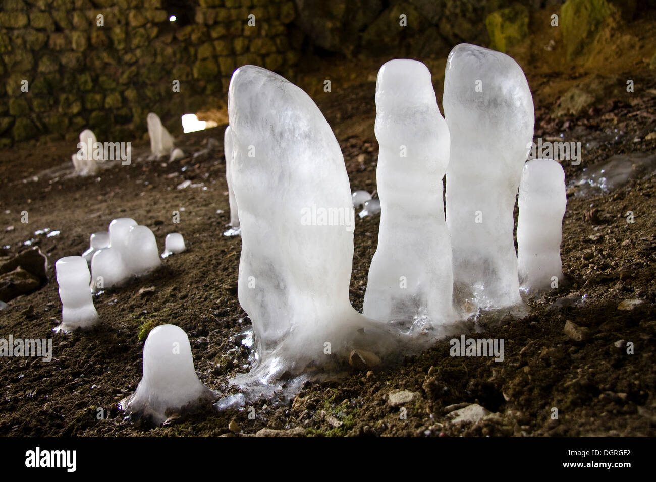 Ice stalagmites, Upper Danube Valley, Sigmaringen district, Baden-Wuerttemberg Stock Photo