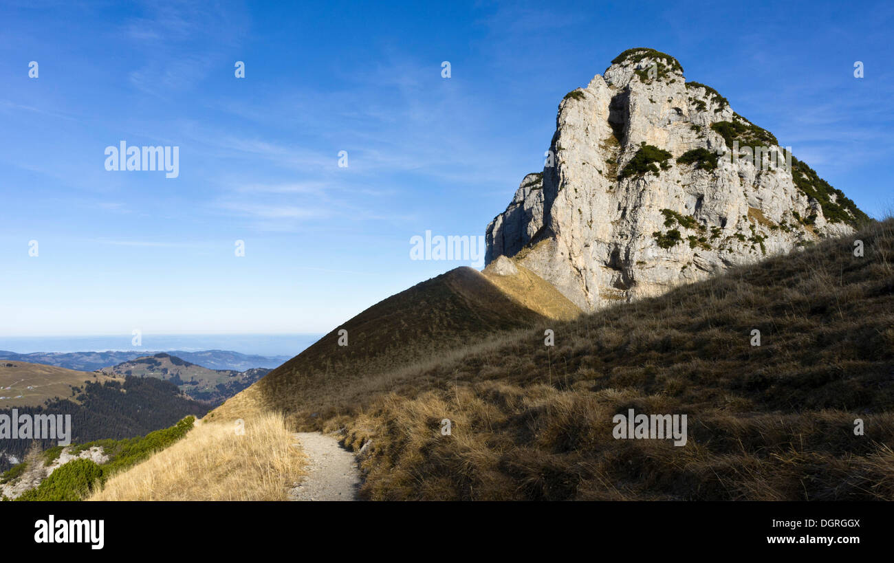 Hiking trail at Mt Hoher Kasten, Alpstein massif, Appenzell Alps, Canton St. Gallen, Switzerland, Europe Stock Photo