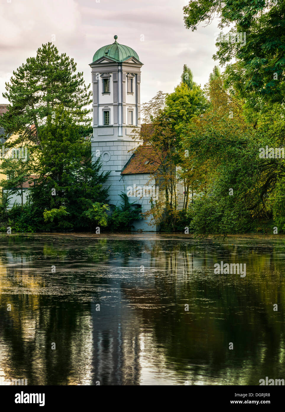 St. Jacob's water tower with moat, Augsburg, Swabia, Bavaria Stock Photo