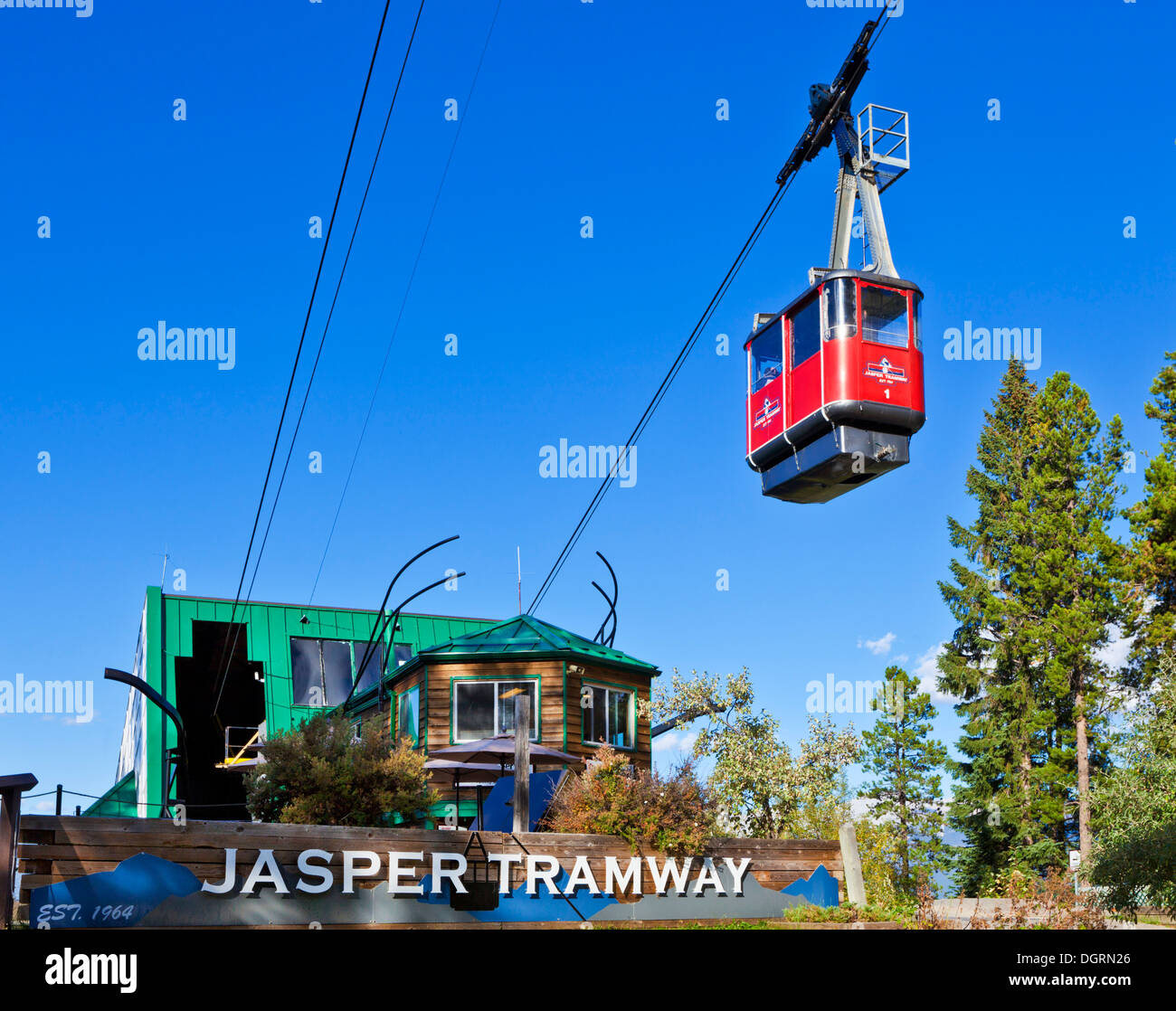 Red Gondola on the Jasper tramway rising up Whistler mountain Jasper National Park Alberta Canada North America Stock Photo