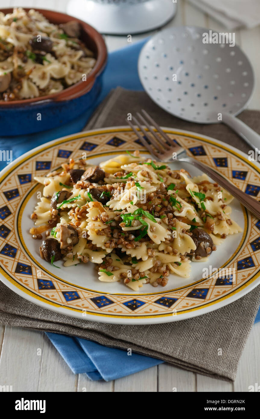 Kasha varnishkes. Buckwheat and pasta dish with mushrooms and onions. Stock Photo