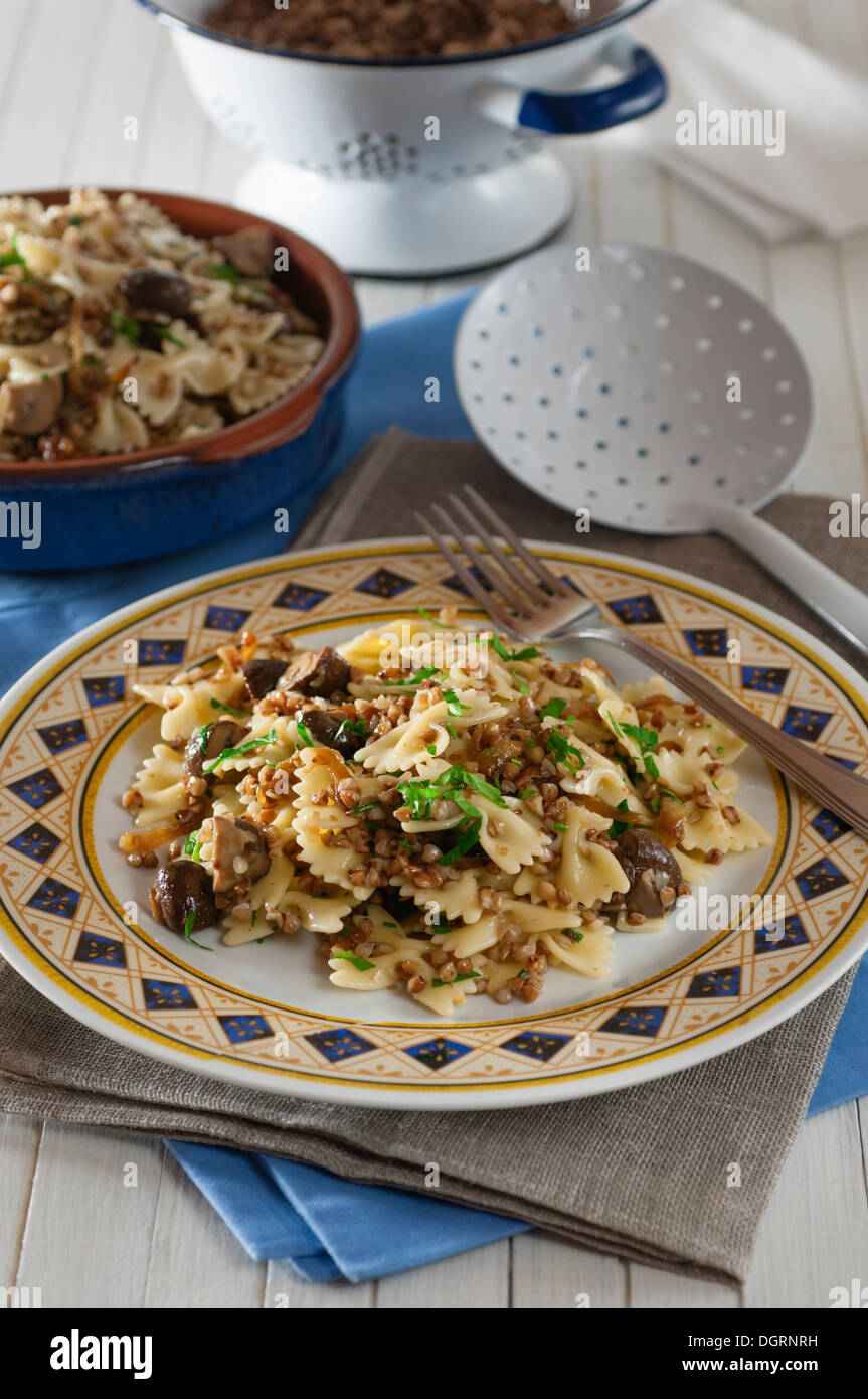 Kasha varnishkes. Buckwheat and pasta dish with mushrooms and onions. Stock Photo