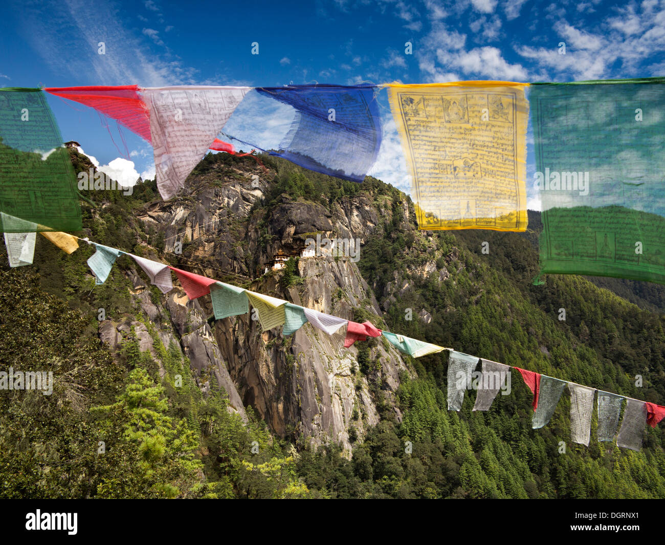 Bhutan, Paro valley, prayer flags at Taktsang Lhakang (Tiger's Nest) monastery viewpoint Stock Photo