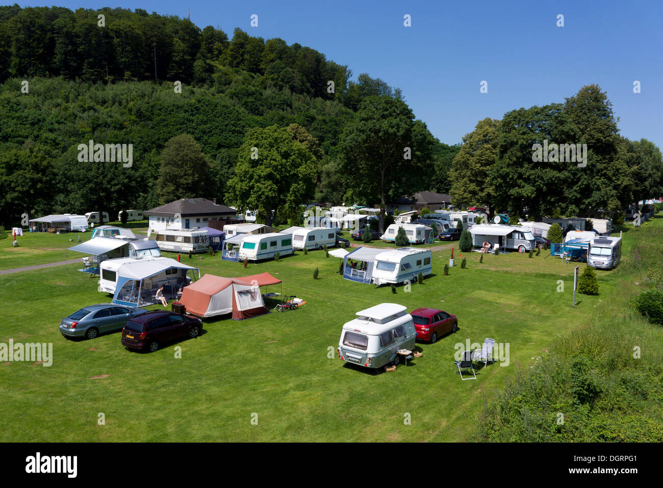 Campsite with caravans, Hannoversch Münden, Lower Saxony, Germany Stock Photo