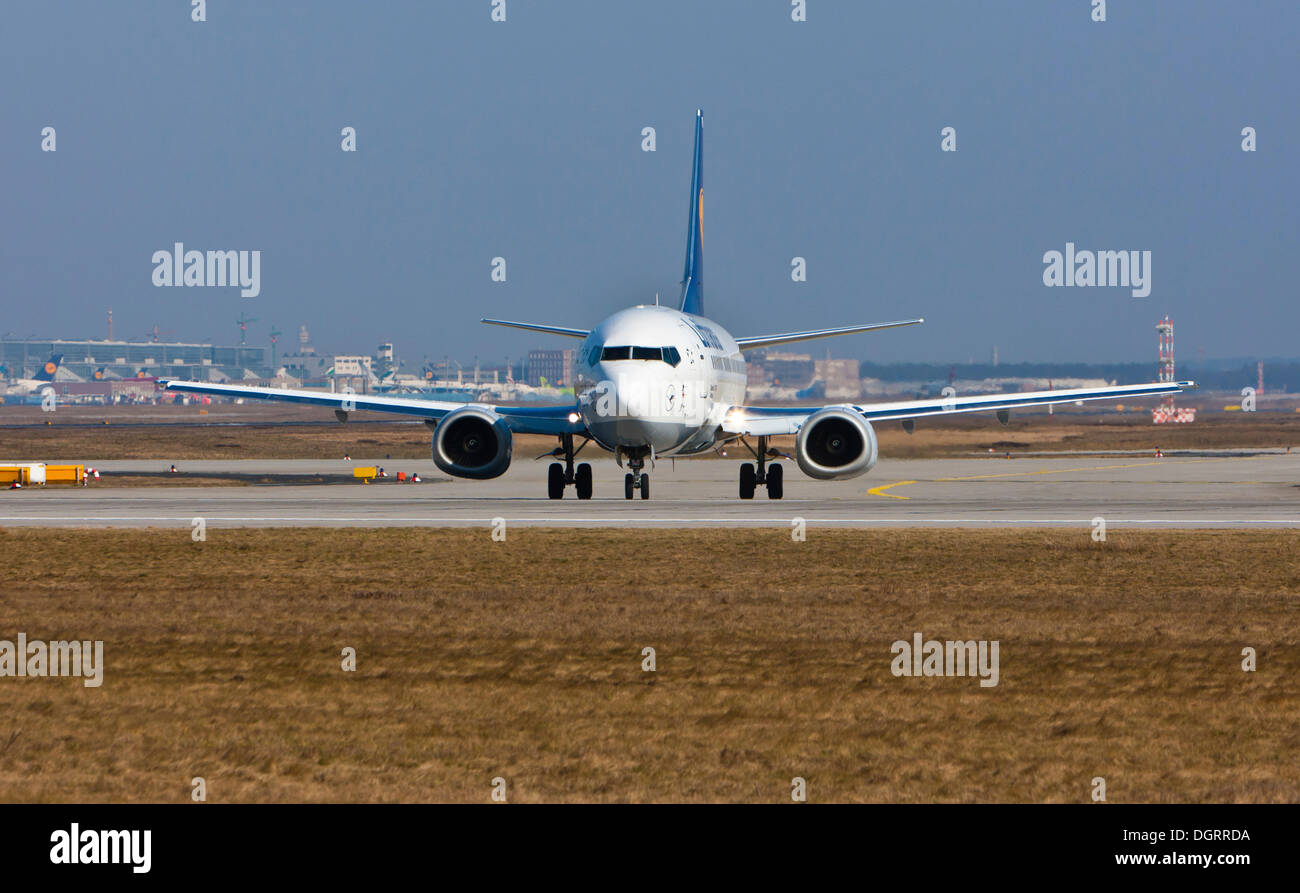 Lufthansa airplane on the runway at Frankfurt Airport, Frankfurt, Hesse Stock Photo