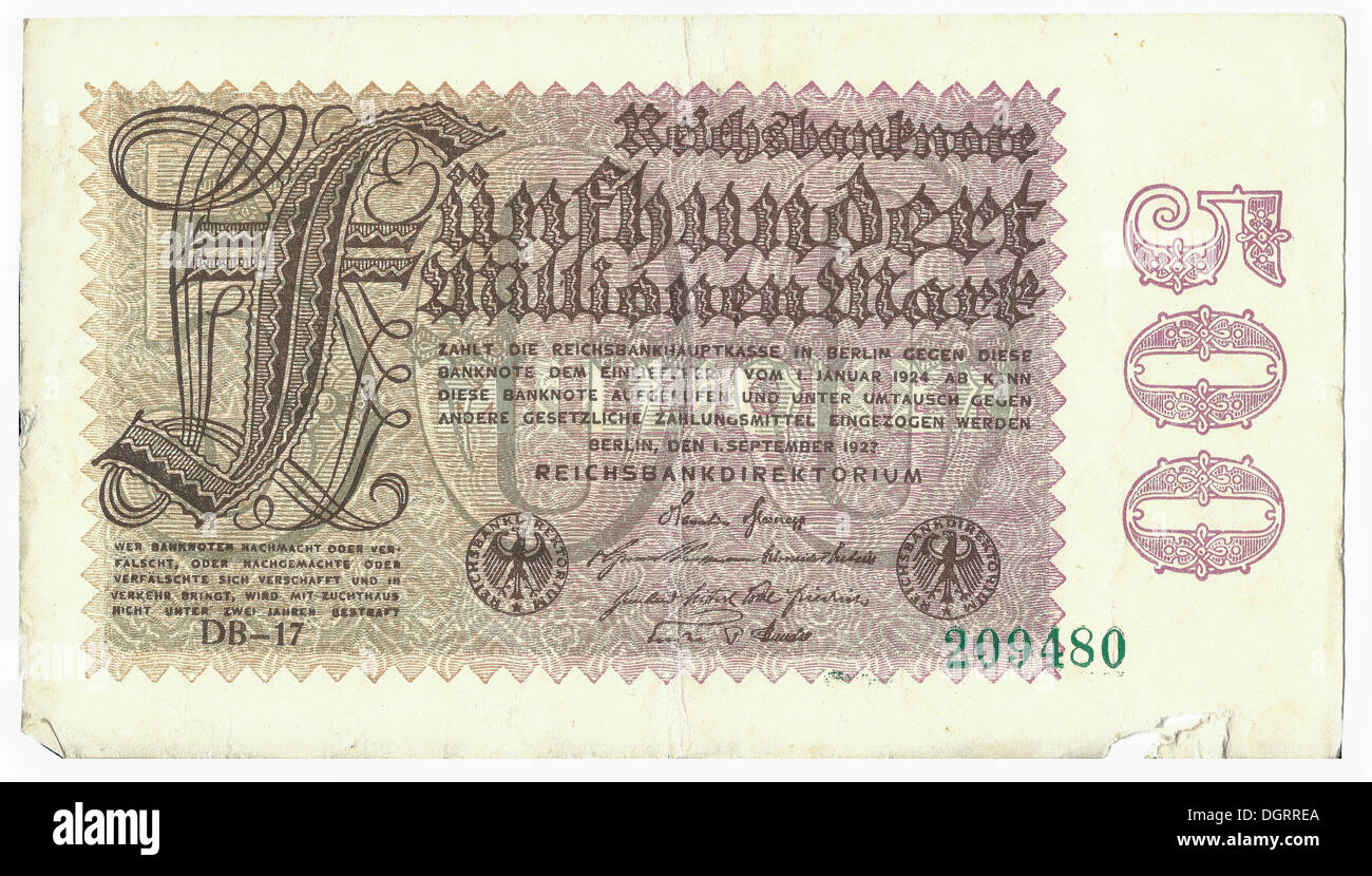 Old banknote, front, Reichsbanknote 500, 000, 000 Mark, Reichsbankdirektorium, circa 1923 Stock Photo