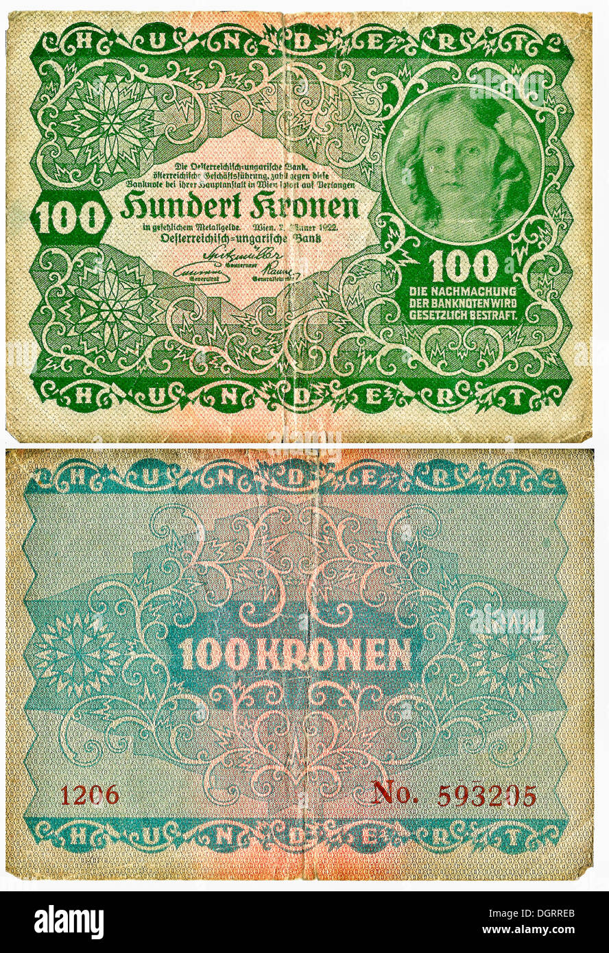 Old banknote, front and rear, 100 kronen, Austro-Hungarian Bank, circa 1922 Stock Photo