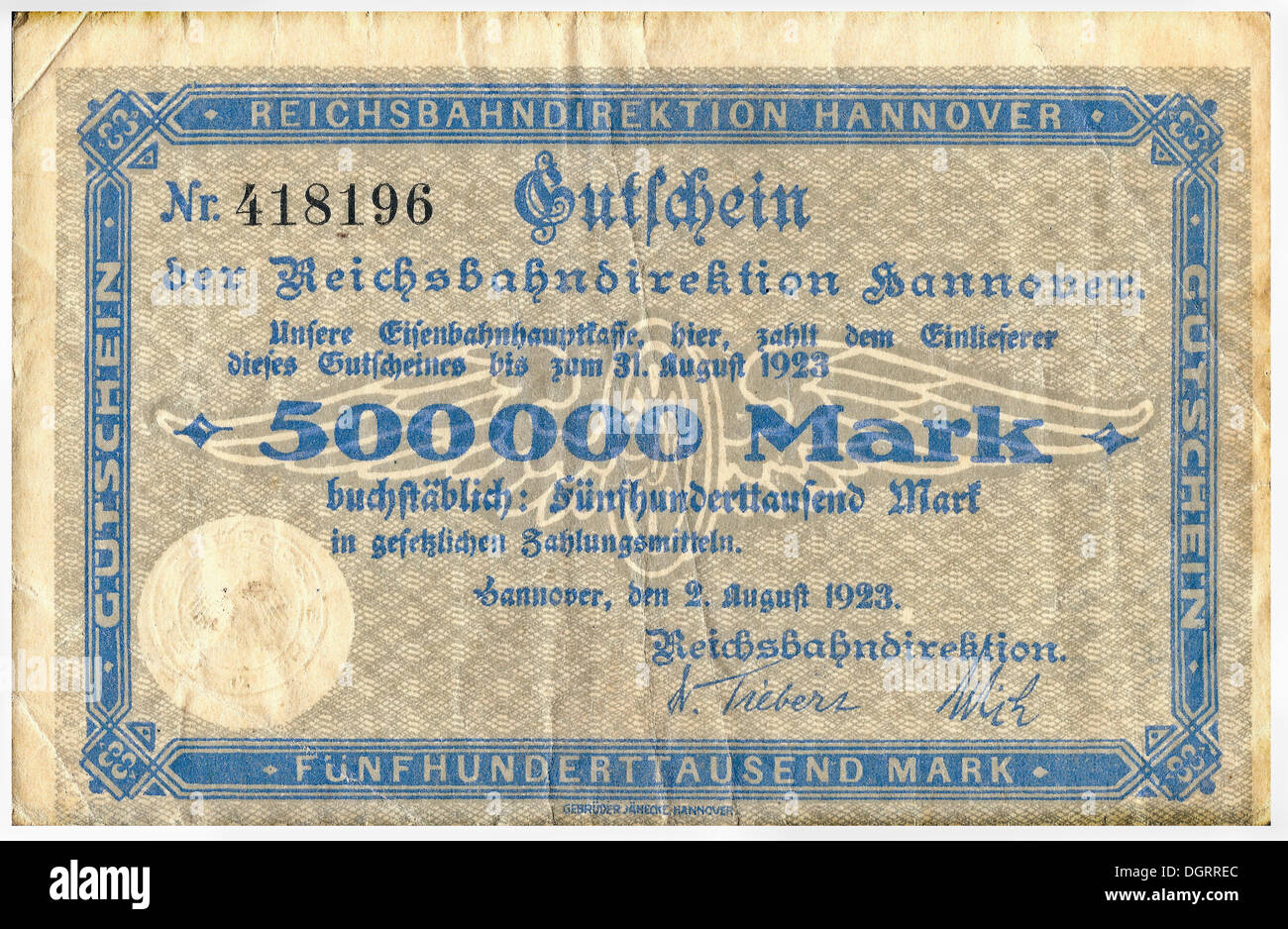 Old voucher, front, Reichsbankdirektion Hannover, 500, 000 mark, Reichsbankdirektorium, circa 1923 Stock Photo