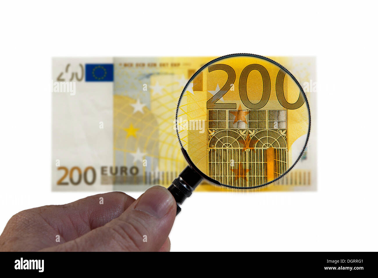 200 euro banknote under a magnifying glass, symbolic image, observation of  the euro Stock Photo - Alamy