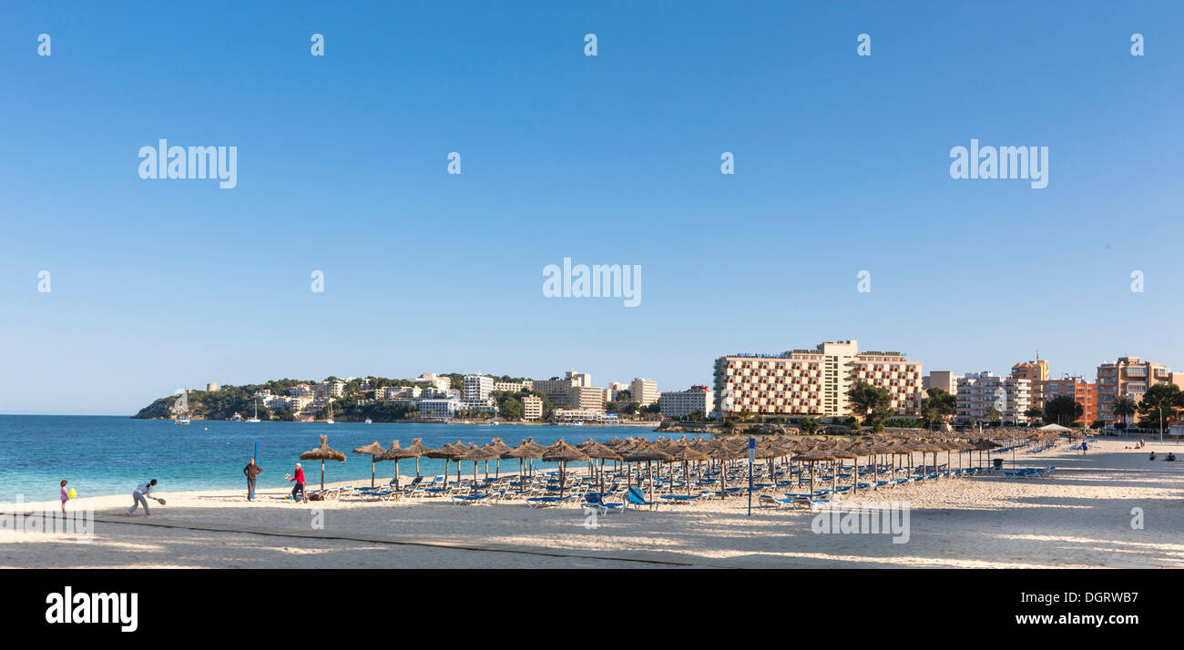 Section of beach near Palma Nova with sunbeds and hotels, Palma Nova, Majorca, Balearic Islands, Spain, Europe Stock Photo