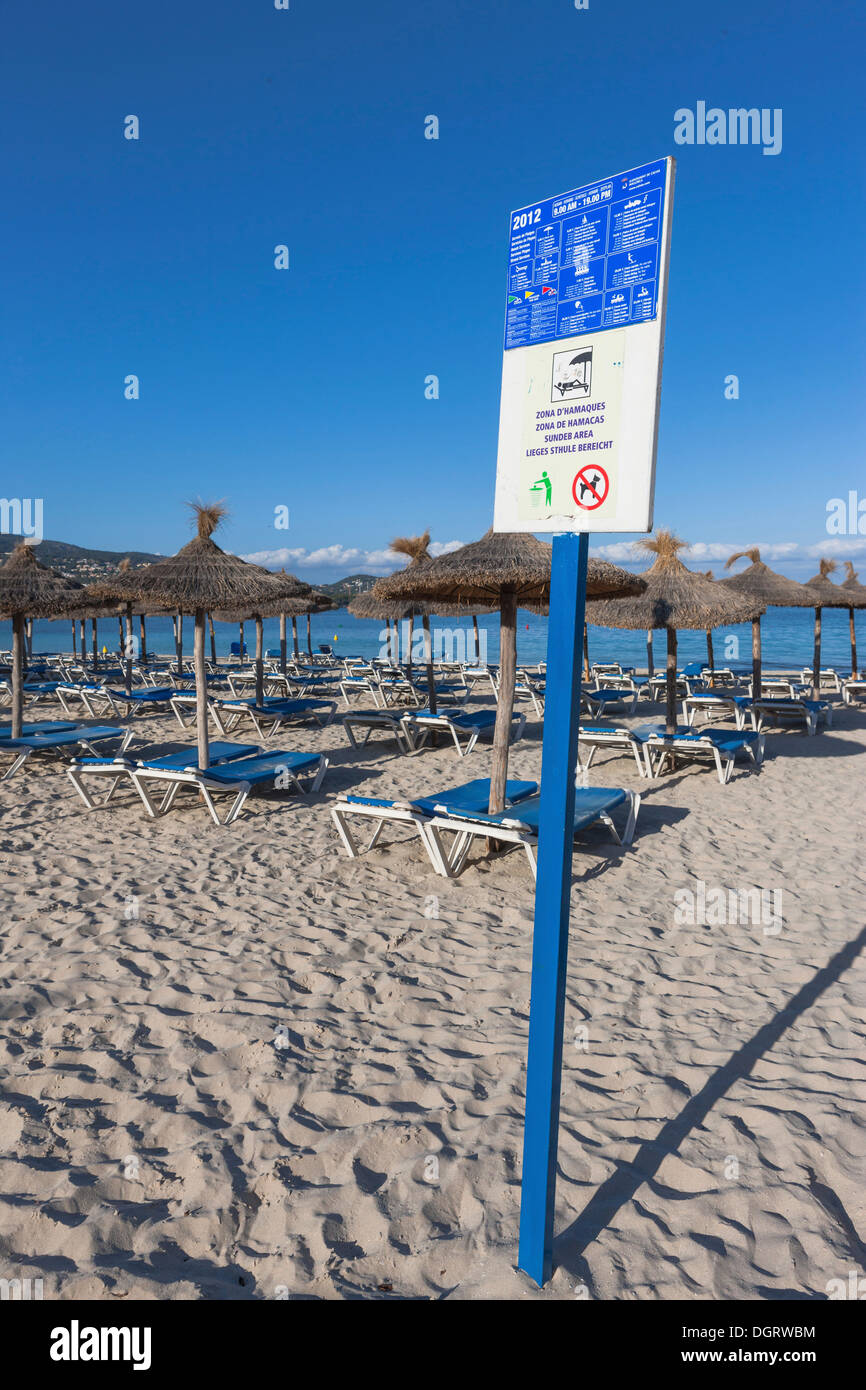Sign for use of the beach on the beach near Palma Nova, Majorca, Balearic Islands, Spain, Europe Stock Photo