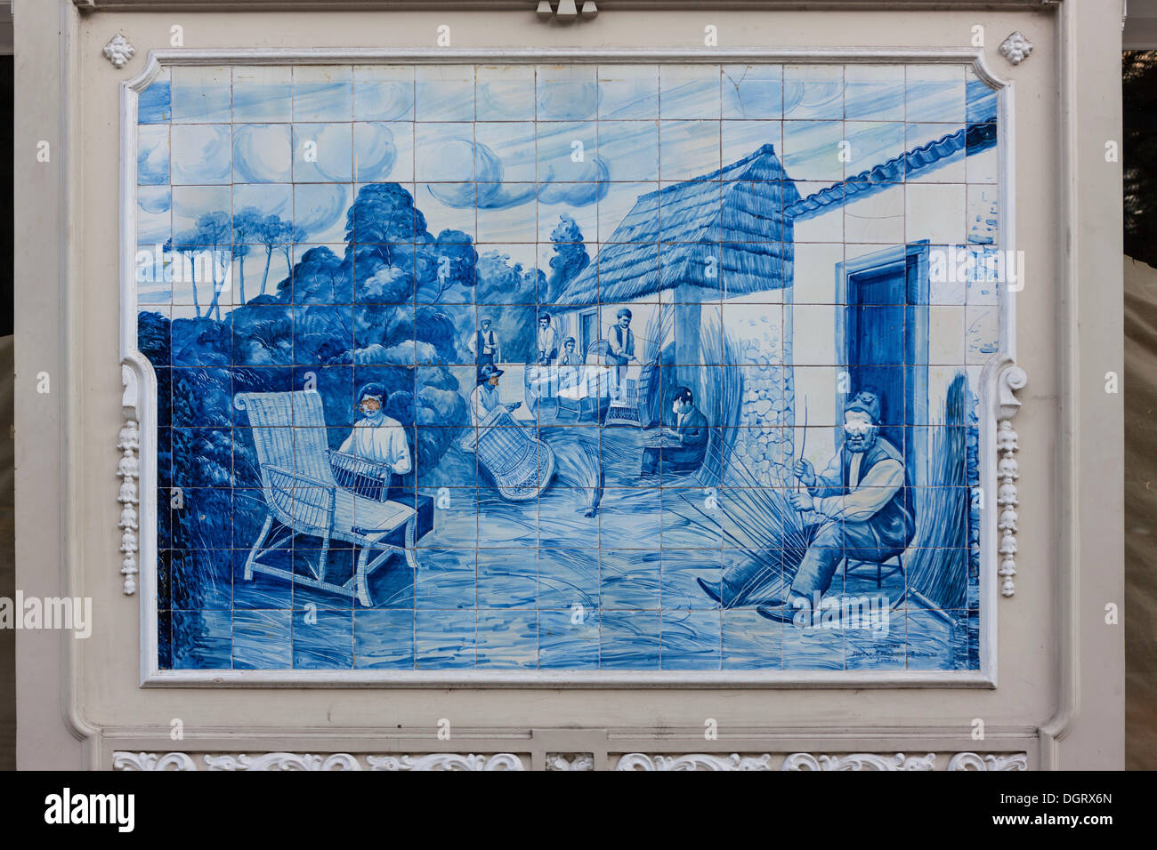 Azulejo, mural made of ceramic tiles, farmers weaving wicker objects, in Funchal, Santa Luzia, Funchal, Madeira, Portugal Stock Photo