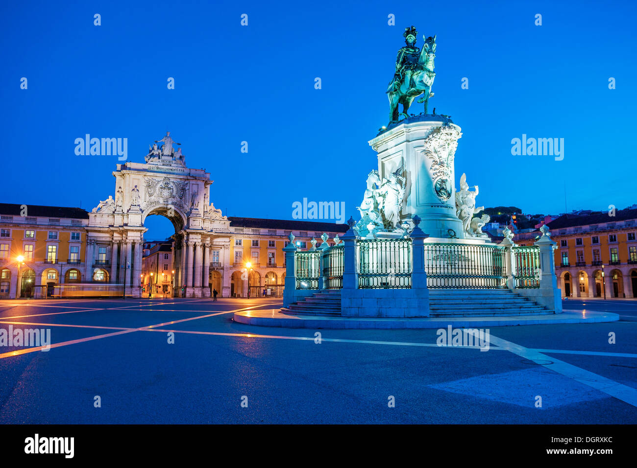 View on the Commerce Square and statue of King Joze I in evening illumination, Lisbon, Portugal. Stock Photo