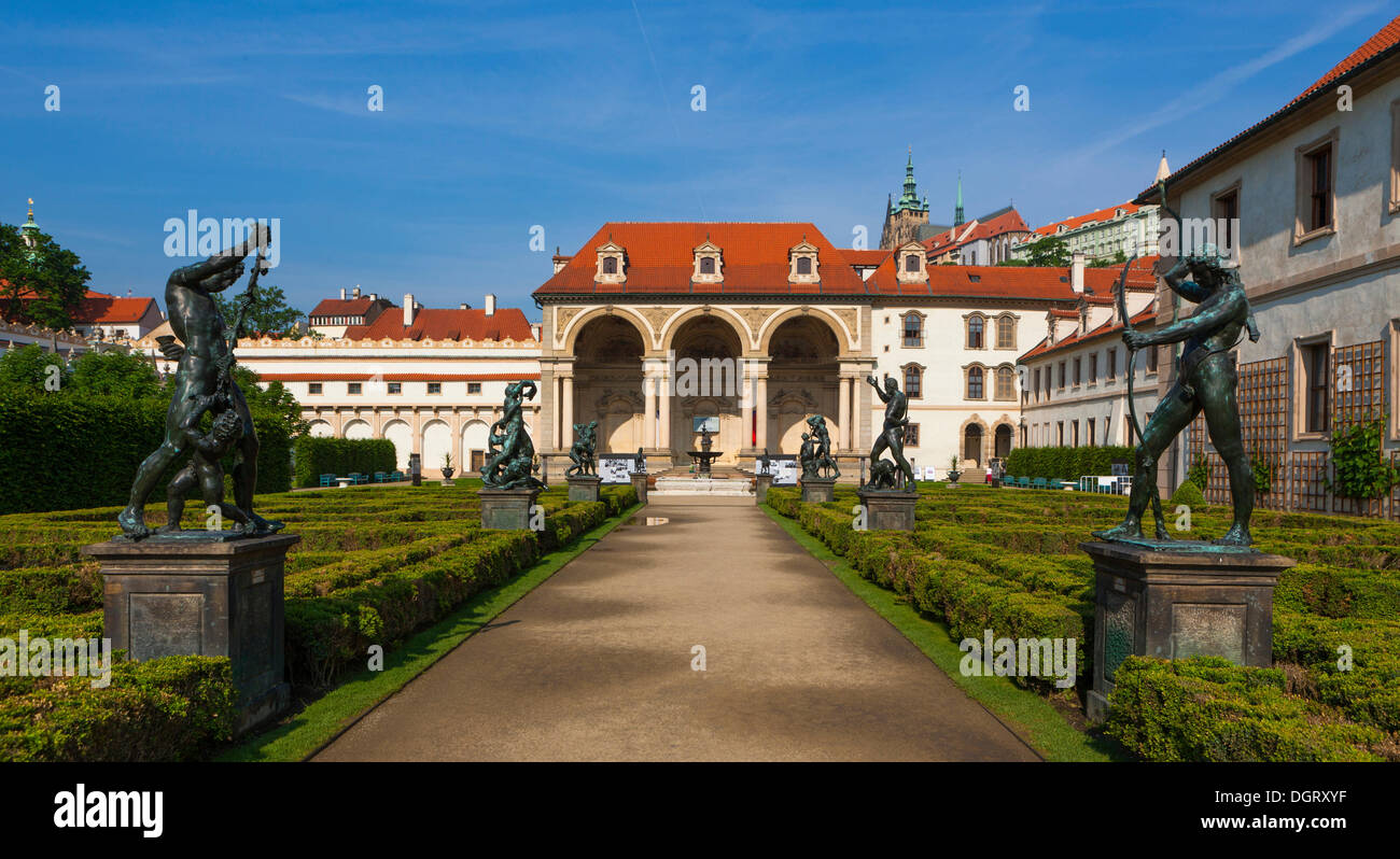 Palais Waldstein or Wallenstein Palace with Wallenstein Garden with bronze statues, Malá Strana, Prague, Hlavní město Praha Stock Photo