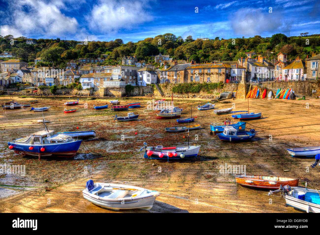 Mousehole harbour Cornwall England UK, Cornish fishing village at low