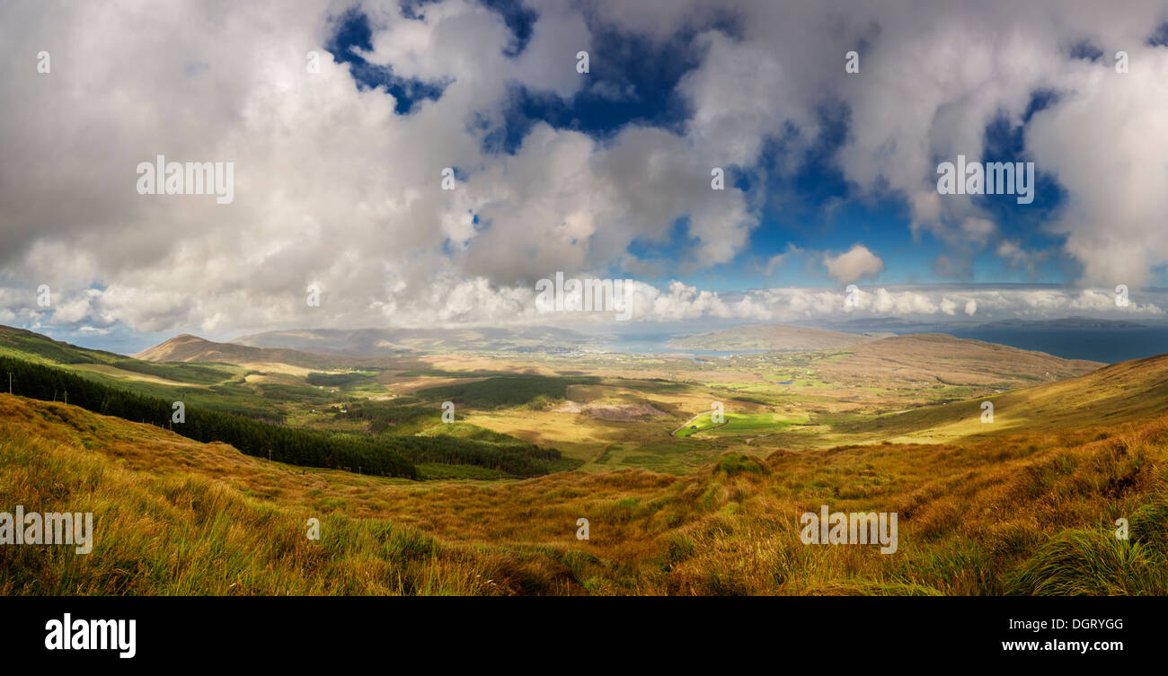 Looking towards Bantry Bay, Bere Island and Castletownbere from the top of Knockoura Mountain, Beara, County Cork, Ireland Stock Photo
